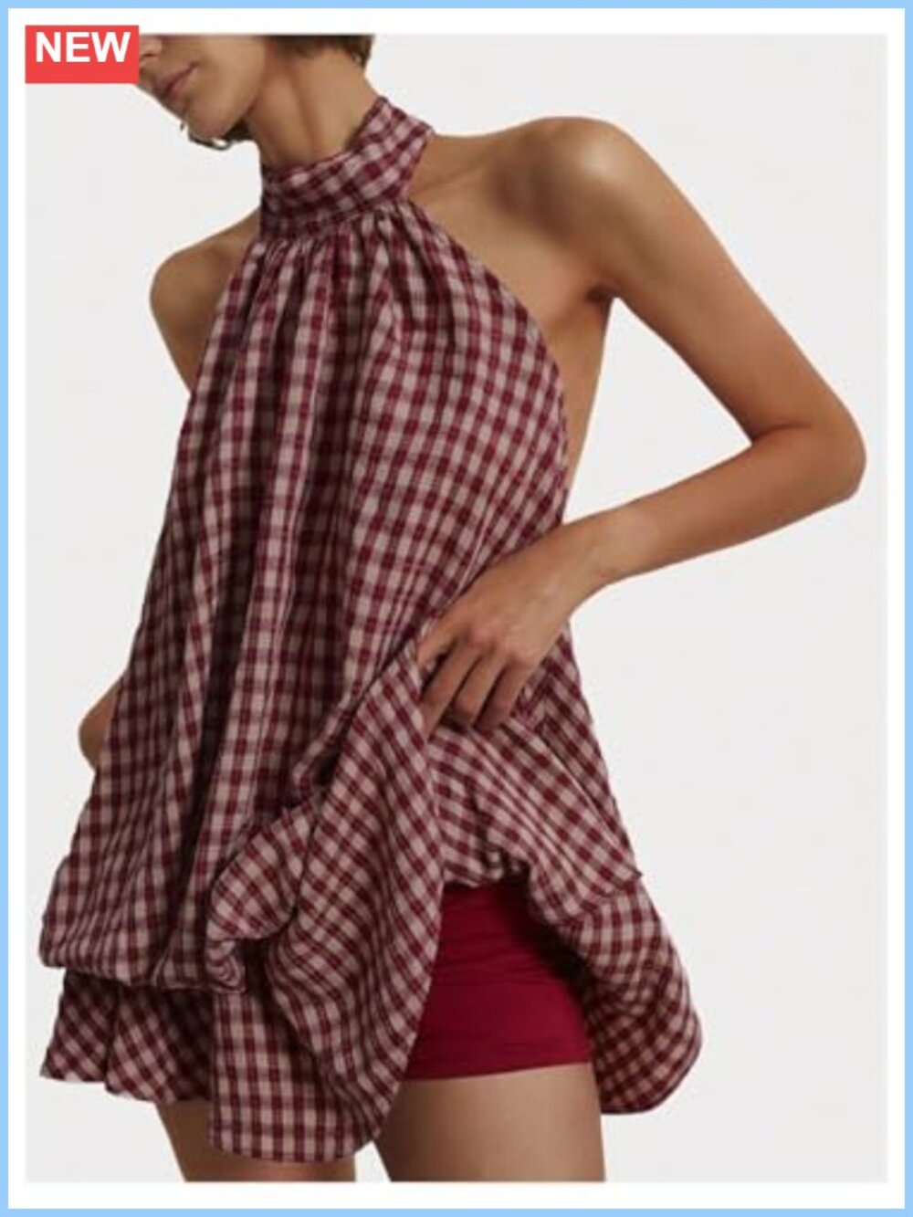 Women's Plaid Halter Mini Dress Ruffle Bubble Hem Going Out A-Line Sundress - Picture 2 of 4
